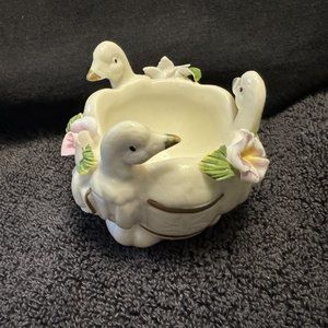 Vintage Hand Painted Porcelain Figurine 3 Ducks Flowers around Egg Cup Holder